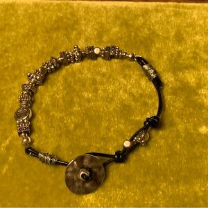 Black Leather Bracelet with Silver Beads